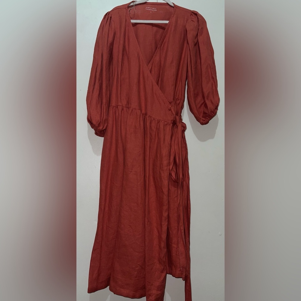 Women's Rust Wrap Midi Dress with Puff Sleeves - Picture 2 of 14